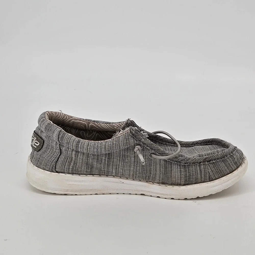 HeyDude Wally Youth Linen Stone Gray Loafers Canvas Slip On Shoes Size US 2Y GUC